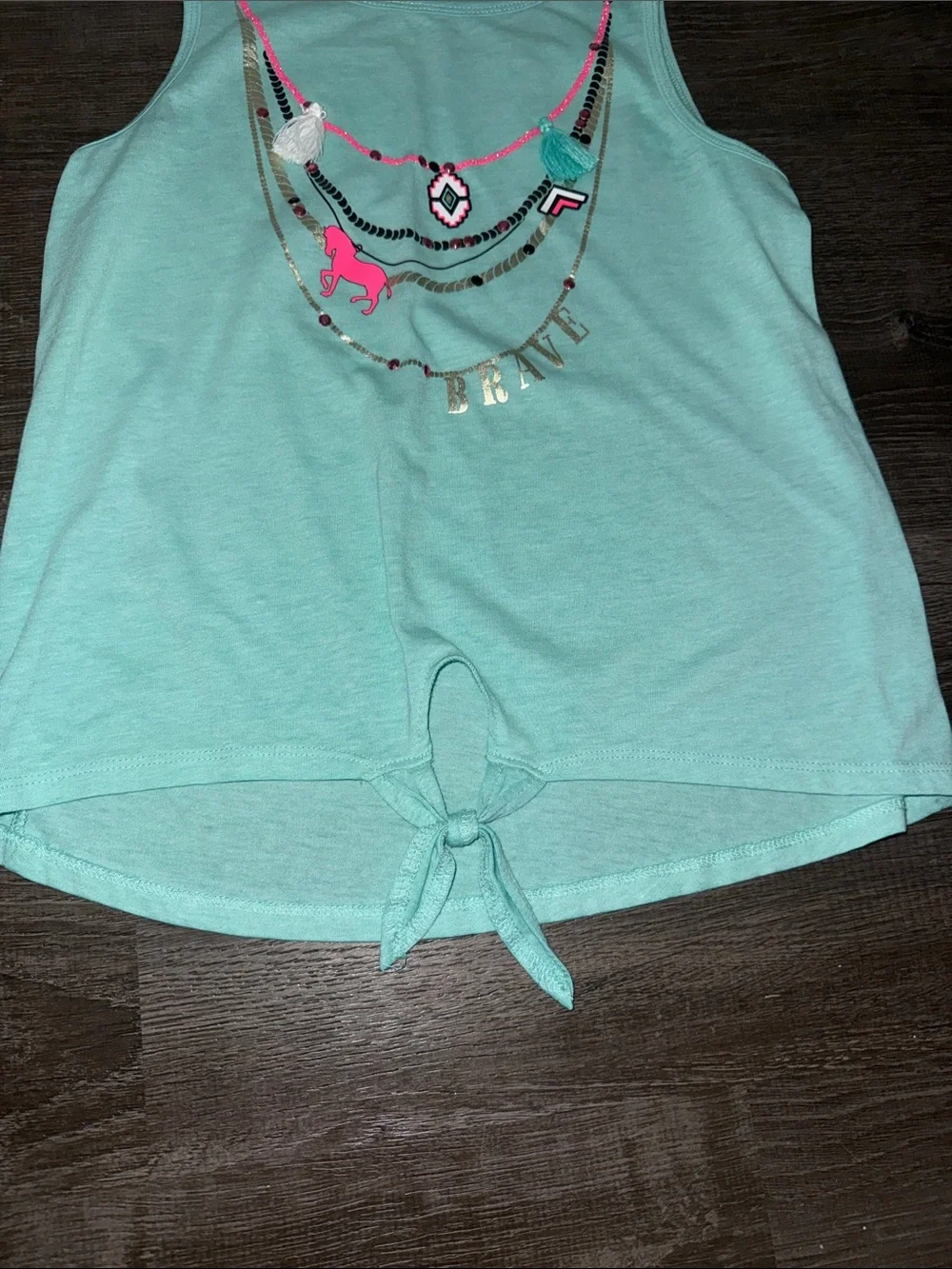 Justice Mint Green Tank Top with Pink & Gold Necklace Print
